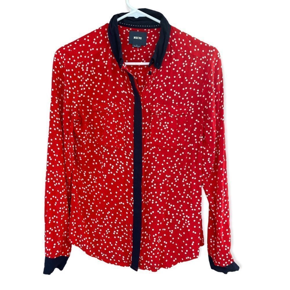 MAEVE Anthropologie White Polka Dot Blouse Red Navy Blue Long Sleeve Top Sz 0